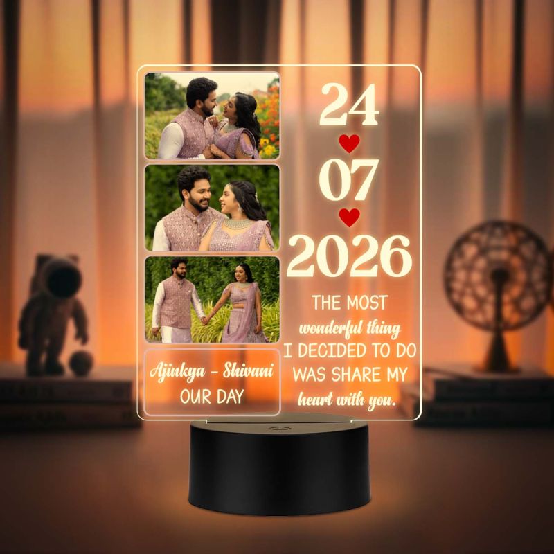 Personalized Couple Photo Lamp Customized with 3 Photos, Names & Special Date Unique Wedding or Engagement Gift for Couples Romantic Warm White Light Home Decor